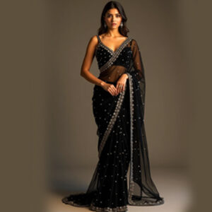 Organza Sequence Embroidery Scollped Border Saree